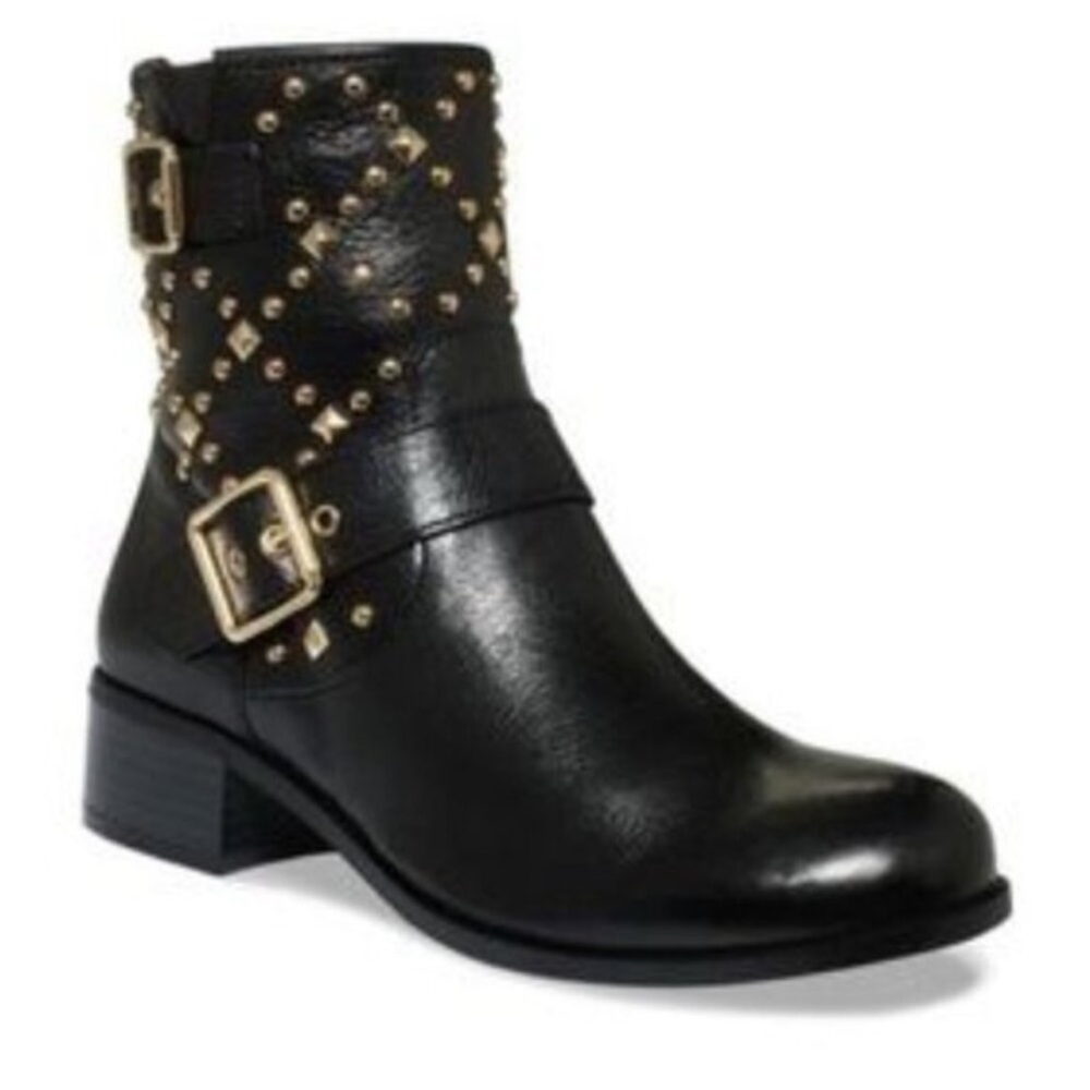Like New Leather Gold Studded Black Ankle Boots. Size 6.5